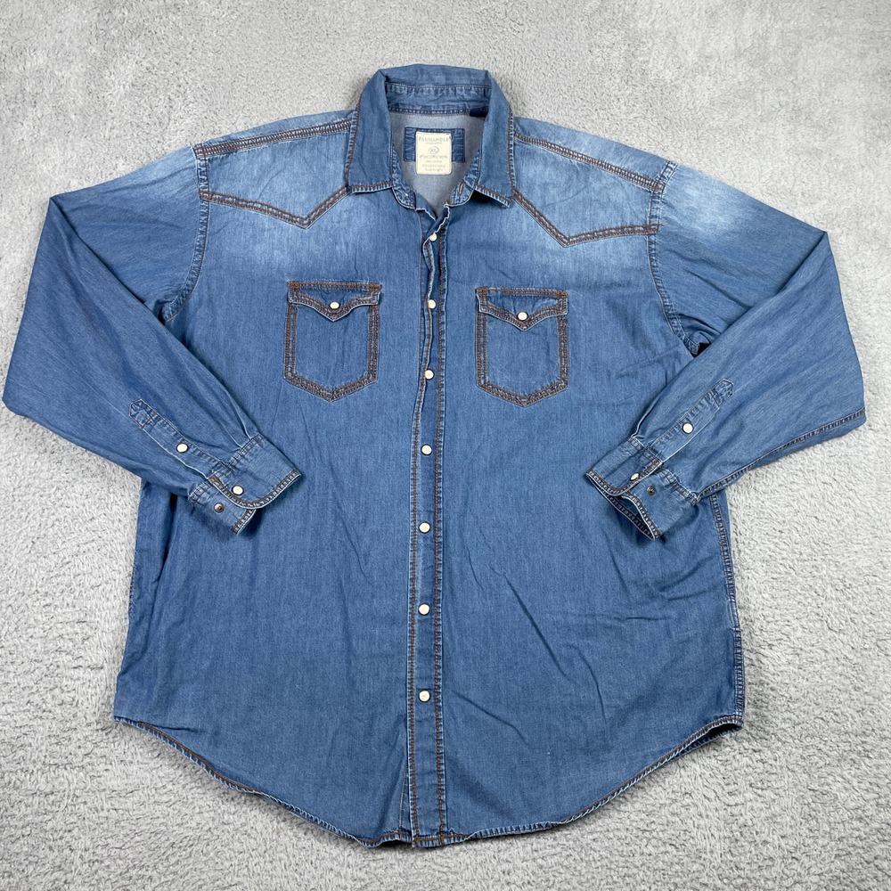 Panhandle Rough Stock Western Shirt Mens XL Blue Denim Pearl Snap Long Sleeve